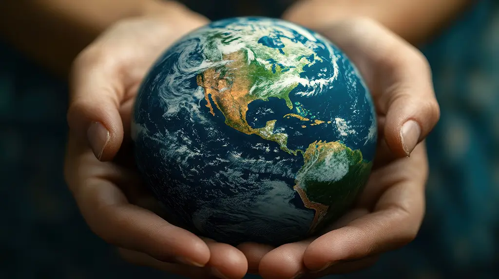 Hand hält einen kleinen Globus - Symbol für weltweiten Klimaschutz